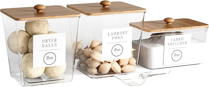 3 Pack Acrylic Laundry Room Organization Containers with Gold & Wood Knobs – Laundry Pods Container & Detergent Organizer Set | Clear Laundry Jars | Scoops & Customizable Labels | Storage Canisters - Image 8
