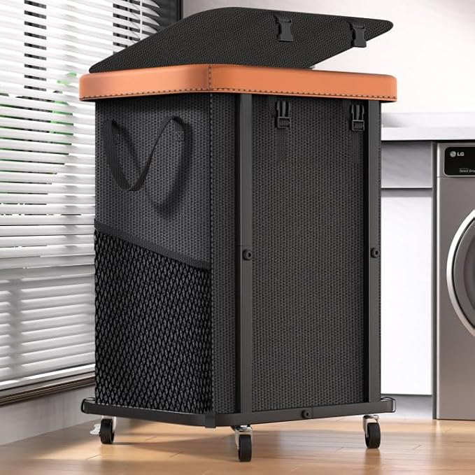 Laundry Hamper with Wheels,150L Leather Patchwork Clothes Hamper Black by Unlockyourhomestoragelife