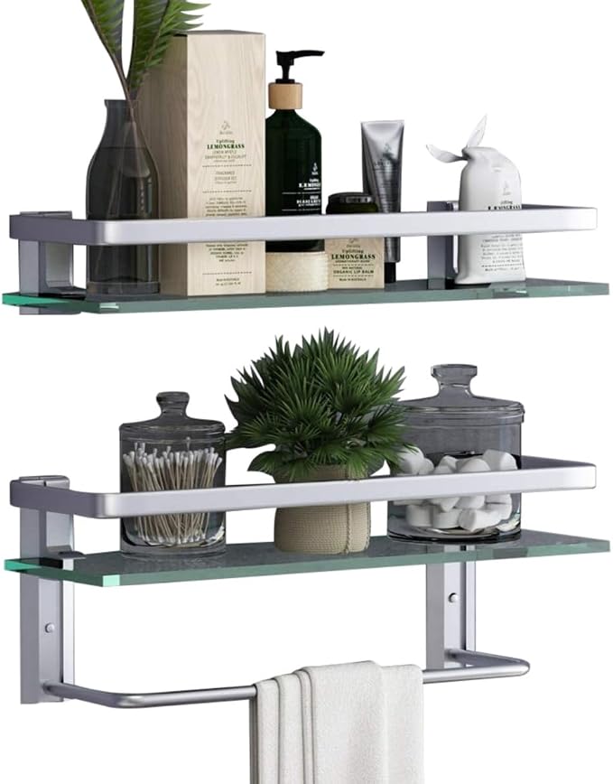 VOLPONE Glass Bathroom Shelf 15.7in Bathroom Shelf Wall Mounted Floating Glass Shelves with Towel Holder Glass Shelf for Bathroom 2 Tier (Sliver) by VOLPONE