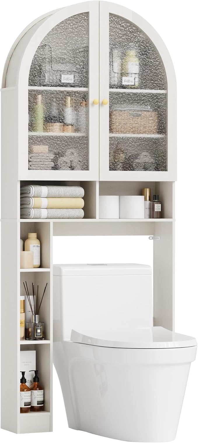 Over The Toilet Storage Cabinet, 29.7”W Modern Storage Cabinet Over Toilet with Acrylic Doors, Arched Freestanding Over Toilet Rack with Adjustable Shelf for Bathroom, White - Image 8