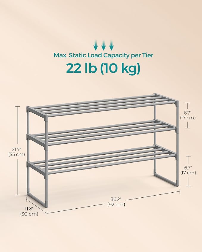 SONGMICS Shoe Rack, 3-Tier Shoe Organizer, Metal Storage Shelf | for Entryway, Upright or Upside Down, for 16-20 Pairs, Stackable, 11.8 x 36.2 x 21.7 Inches, Gray ULSA303G01 - Image 3