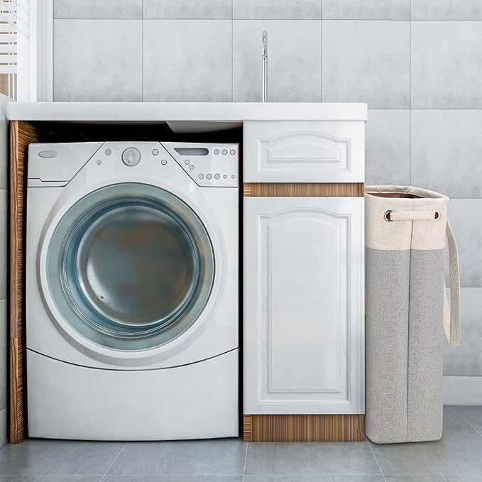 Laundry Basket with Handles Beige&Silver Slim Laundry Bin Collapsible Dirty Clothes Basket Narrow Laundry Bag Foldable Dirty Hamper for Camping, Dorms, Apartments - Image 7