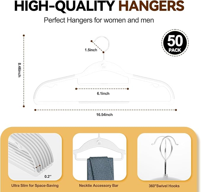 Plastic Stackable Hangers 50 Pack, 360° Swivel Hook, White - Image 4