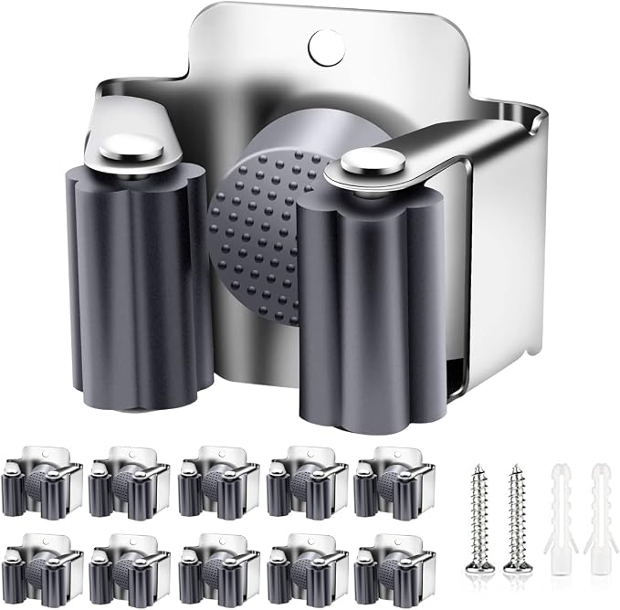 Verdenu 10 Pack Broom Holder Wall Mount, Mop and Broom Holder Wall Mount, Stainless Steel Command Broom Holder with Screws, Garden Tool Storage Organizer for Kitchen, Home, Bathroom, Garage, Grey by Verdenu
