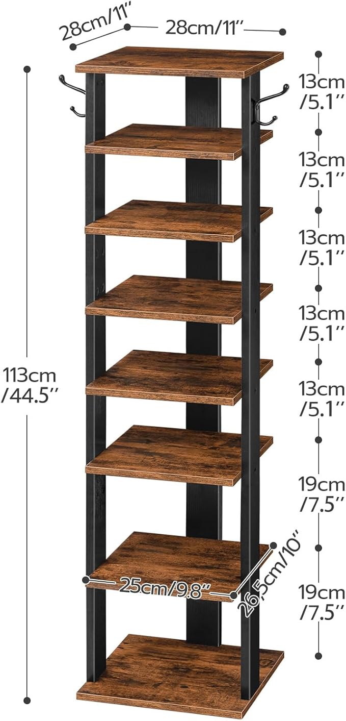 HOOBRO 8 Tiers Vertical Shoe Rack, Wooden Shoe Storage Organizer with Hooks, Narrow Shoe Tower for 8 Pairs, Space Saving, for Entryway, Living Room, Bedroom, Rustic Brown BF07XJ01G1 - Image 6