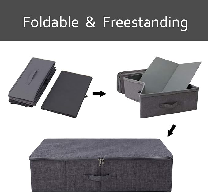 Folding Fabric Rigid Under Bed Closet Storage Bins with Zip Lid,Black Gray - Image 7