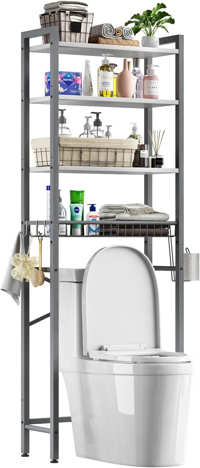 Kalrin Over-The-Toilet Storage Rack, 4-Tier Bathroom Organizer Shelf Over Toilet with Adjustable Shelf and Basket, Freestanding Space Saver Bathroom Shelves Above Toilet for Room (Gray- White) - Image 9
