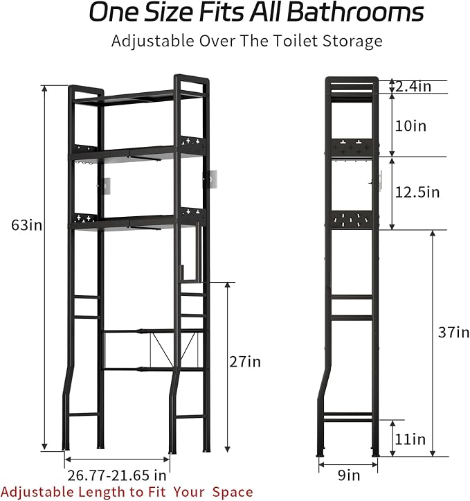 Over the Toilet Storage Shelf 3-Tier Adjustable Bathroom Organizers and Storage Shelves Bathroom Rack Above Toilet Storage with Paper Holder and 4 Hooks Space Saver Storage for Laundry - Image 2