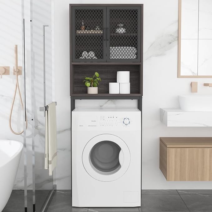 Launica 65 Inch Over The Toilet Storage Cabinet Wood and Metal Dark Gray - Image 3