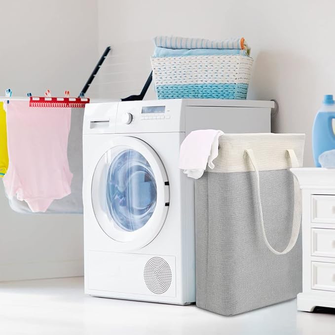 Laundry Basket with Handles Beige&Silver Slim Laundry Bin Collapsible Dirty Clothes Basket Narrow Laundry Bag Foldable Dirty Hamper for Camping, Dorms, Apartments - Image 6