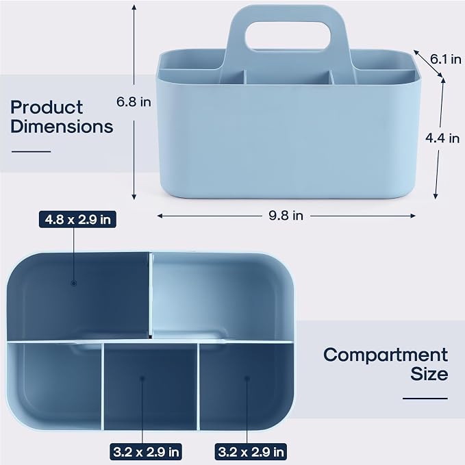 Multiuse Caddy Organizer with Handle, Portable Divided Plastic Tote Bin - Art Craft, Stationary Pen Marker Crayons, Makeup Hair Supplies Storage - Bathroom, Classroom, Dorm, Office, Desk Holder - Blue - Image 5
