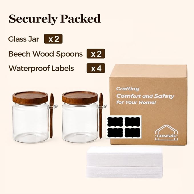 ComSaf Sugar Jars with Acacia wood Lids and Spoons 0.5Qt 2Pack, Decorative - Image 8