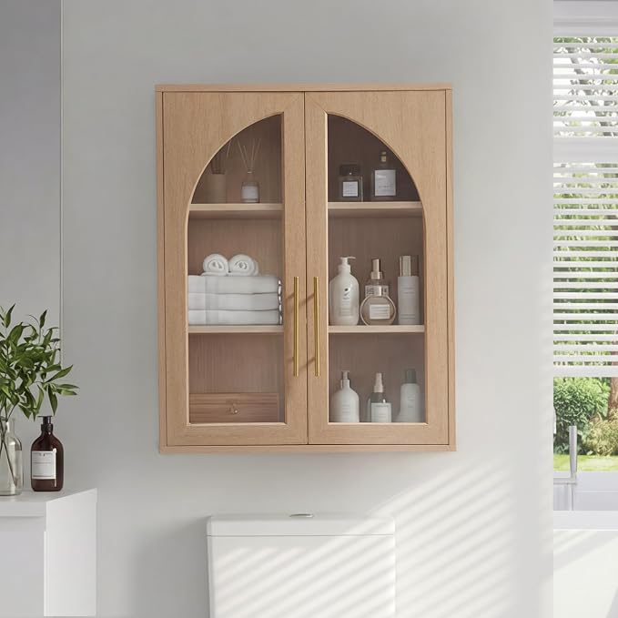 Bathroom Wall Cabinet, 23.5×31.4'' Storage Cabinet, Arched Cabinet Wall Mount with Adjustable Shelf & Glass Doors, Medicine Cabinet for Laundry Room, Bathroom, Kitchen, Living Room,Natural Oak,2PCS - Image 6