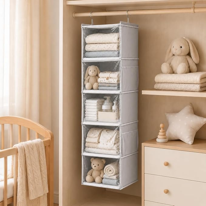 Vailando 5-Shelf Hanging Closet Organizer with Clear Dust Covers, Gray | Individual Clear Covers, Reinforced PP Shelves, 4 Side Pockets and Anti-slip Front Bars for Clothes, Shoes and Purses - Image 5