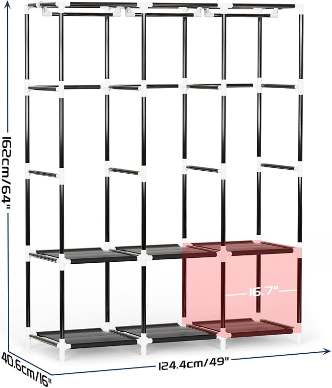Mavivegue Portable Closet, 50 Inch Wardrobe Closet, Portable Closets for Hanging Clothes with 3 Hanging Rods and 6 Storage Shelves for Bedroom, Black - Image 2