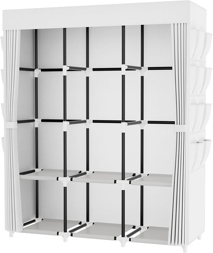 Portable Closet with Cover, 3 Hanging Rods and Side Pocket, Sturdy Free Standing Closet, White - Image 8