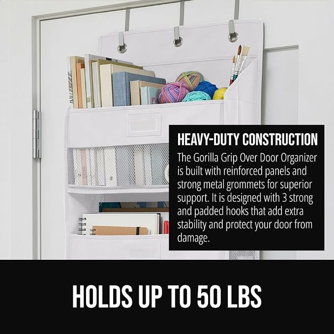 GORILLA GRIP Over The Door Organizer Storage, 5 Deep Hanging Shelves, Holds 50lbs, Closet Organizers Shelf for Bedroom, Shoes, Bathroom, Nursery, Dorm Essentials, 3 Metal Hooks, 58x15 Inches, White - Image 3
