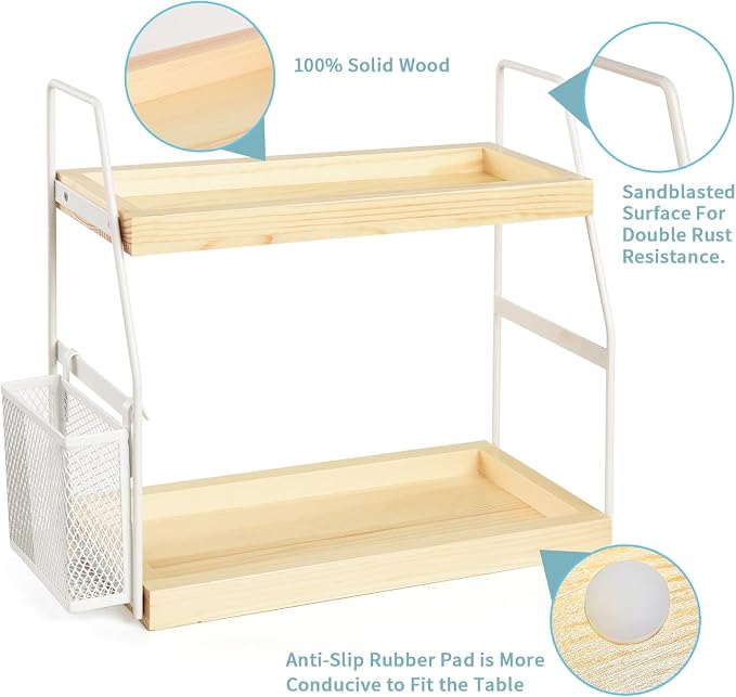 Bathroom Counter Organizer, 2-Tier Standing Storage Shelf with Basket, Wood Tray for Skincare Vanity Organizer(White) - Image 6