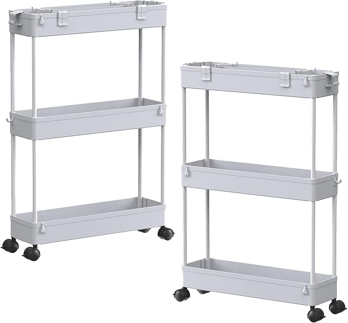 SPACELEAD 2-piece Set Slim Storage Cart 3 Tier,Bathroom Organizer Rolling Utility,Mobile Shelving Unit Slide Out for Office, Kitchen, Laundry Room & Narrow Places by Home