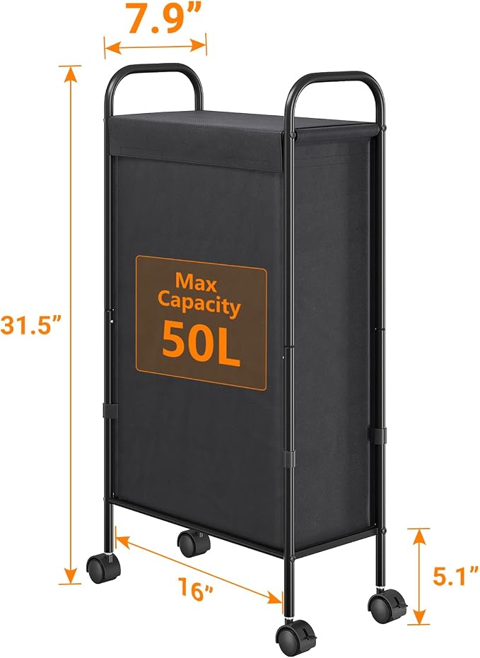 ELYKEN Slim Laundry Hamper with Lid & Wheels, 50L Rolling Laundry Basket - Image 3