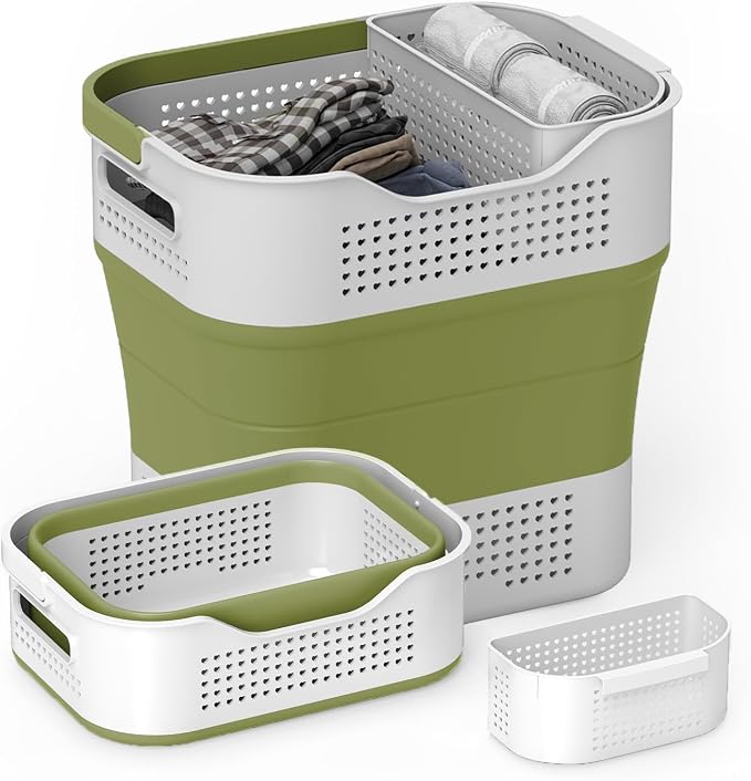 TECHMILLY Collapsible Plastic Laundry Basket Hamper with Handles, 35L Portable Rubber Clothes Basket, Pop Up Storage Container/Organizer with Hanging basket for Washing & Storage, Green by TECHMILLY