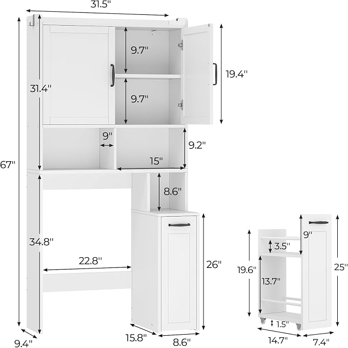 UPOSOJA Over The Toilet Storage Cabinet with Pulley Bathroom Storage Cabinet, White-Type B - Image 2