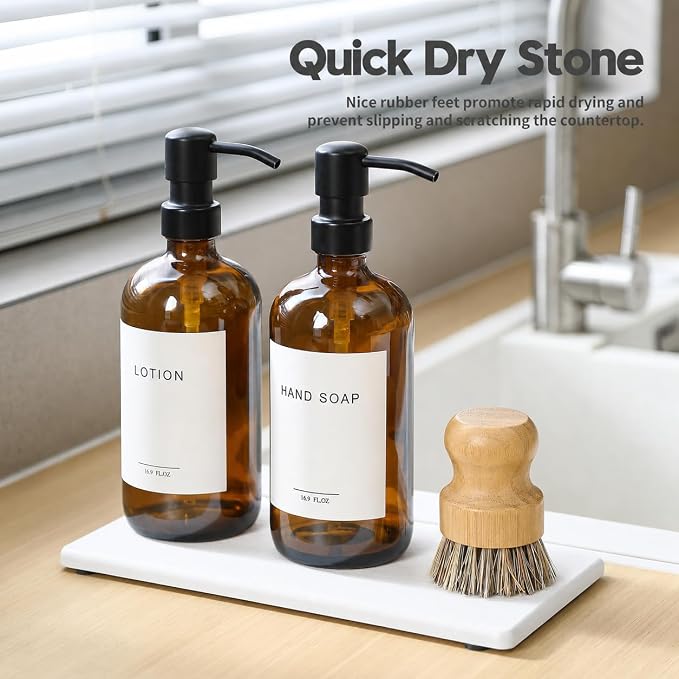 2PCS 10"x 5" Large Bathroom Sink Vanity Trays, Water Absorbing Diatomite Stone Quick Drying Mat for Kitchen Counter, Dish Rack Dispensers Sponge Holder Caddy Organizer, White, 10"x 5" - Image 3