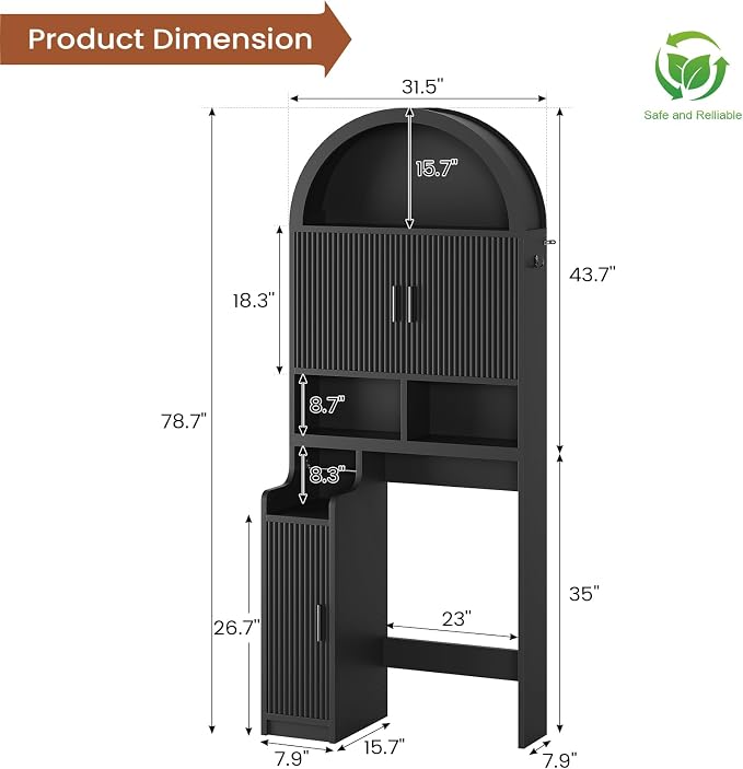 Itaar Arched Over The Toilet Storage Cabinet, 78.7" H Fluted Bathroom Organizer with Reversible Side Cabinet, Adjustable Shelves, Anti-Tipping, Hooks & Paper Holder for Bathroom Laundry Room, Black - Image 2
