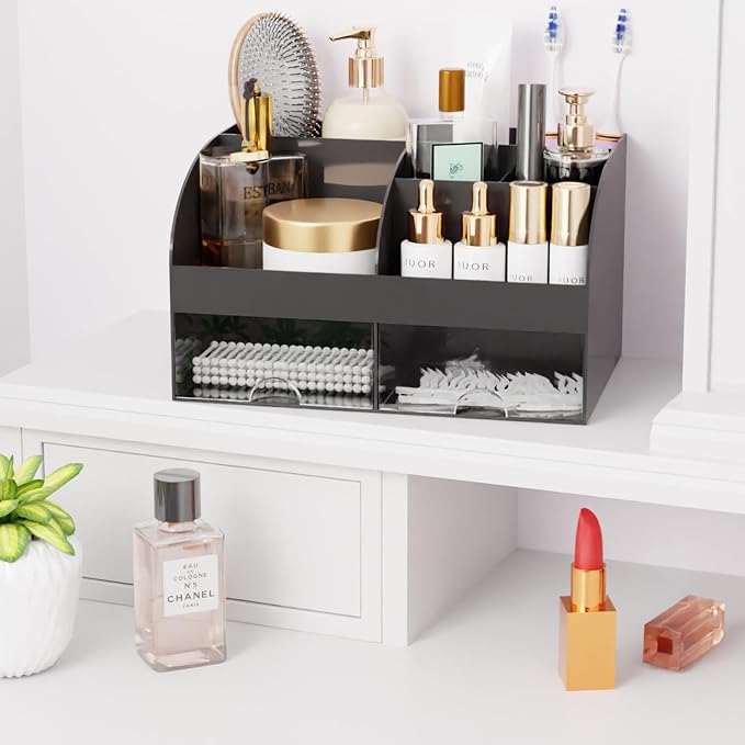 Makeup Organizer with Drawers, Cosmetic Storage for Dresser Vanity and Bathroom Countertop, Beauty Holder for Lipstick Brush, Skincare Organizer for Vanity, Cosmetic Display Case (Black) - Image 7