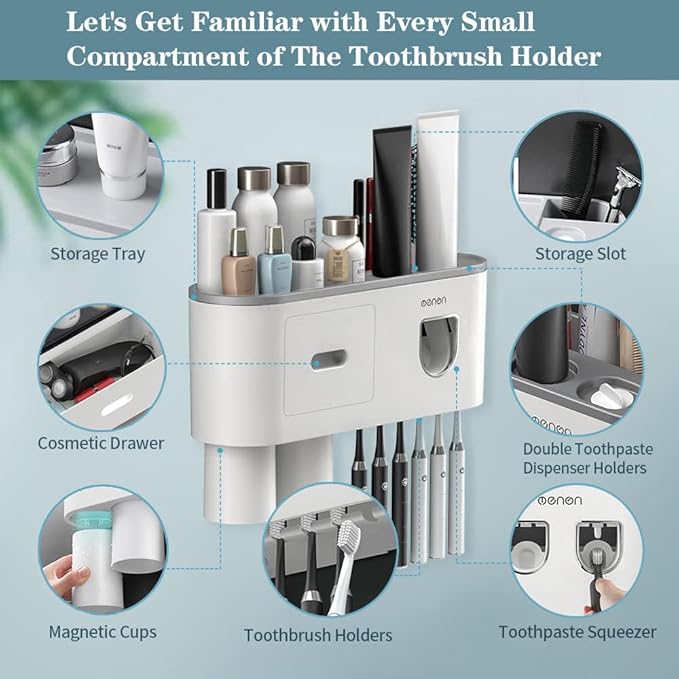 Toothbrush Holders for Bathrooms Wall Mounted, 6 Slot Toothbrush Holder with 2 Automatic Toothpaste Dispensers, 2 Magnetic Cups, Large Capacity Bathroom Organizer, Wall Storage with Drawer - Image 5