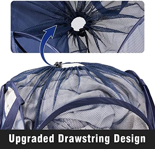 TECHMILLY Collapsible Mesh Pop Up Laundry Hamper with Sturdy Handles and Side Pocket - Portable Foldable Clothes Baskets for Dorm, Bathroom & Travel Storage (with Drawstring, Blue) - Image 2