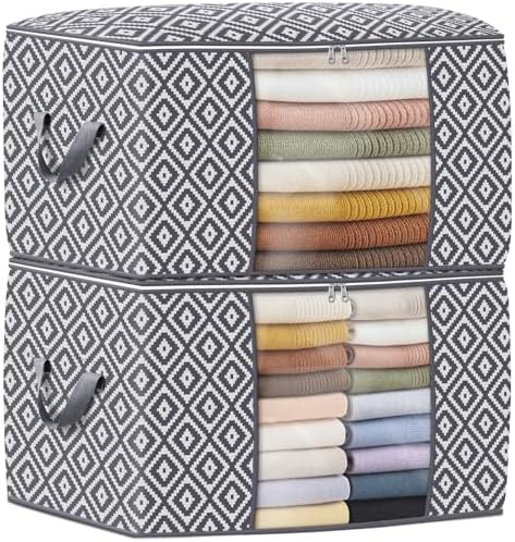 100L 2 Pack Storage Bags, Foldable Clothes Bins with Clear Window, Gray | Blanket Storage Containers with Reinforced Handles for Bedding, Comforters, Clothing, Quilts and Closet Organization by StorageTastic