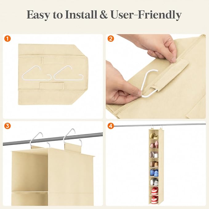 Lifewit 8 Section Hanging Shoe Storage Organizer for Closet Foldable, Beige | Folding Shoe Racks, Fabric Shoes Storage with Two Hangers, Closet Organizers and Storage for Wardrode, Dorm - Image 5