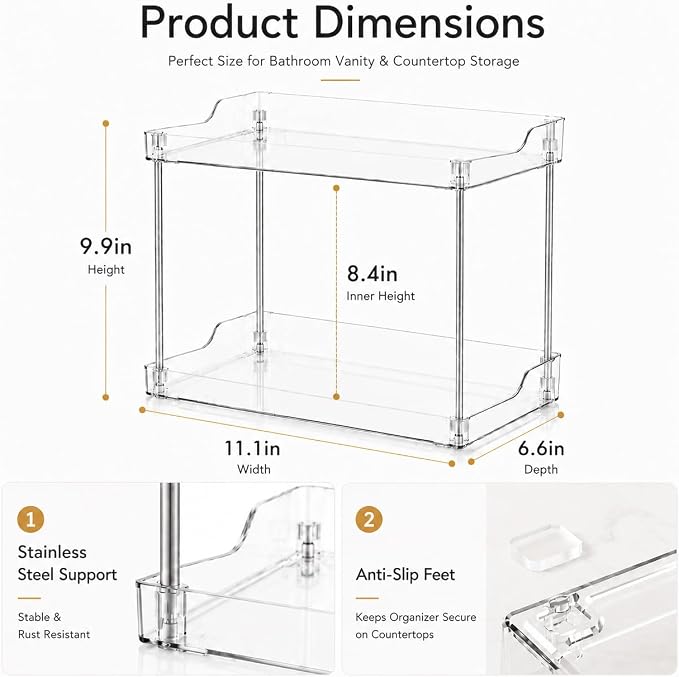 2 Tier Clear Bathroom Counter Organizer, Vanity Organizer for Skincare Makeup Perfume, Multi-Purpose Storage Shelf for Bathroom Kitchen Bedroom - Image 6