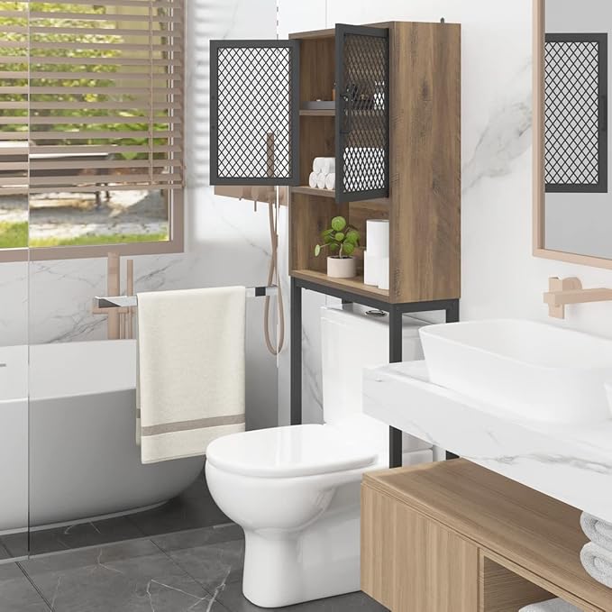 Launica Over the Toilet Storage Cabinet, Over Toilet Bathroom Organizer with Mesh Doors and Shelves, Freestanding Bathroom Storage Cabinet Above Toilet, Wood and Metal, Rustic Oak - Image 8