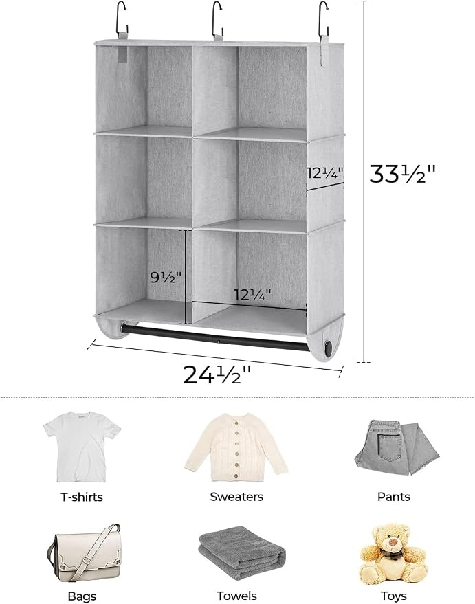 StorageWorks Hanging Closet Organizer with Rod, 6 Sections, 3 Tiers | Maximize Closet Space with 6 Open Sections and Built-in Rod for Hanging Clothes Below, Grey and White - Image 3