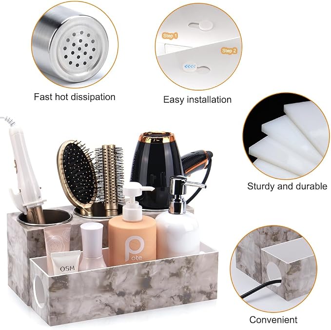GFWARE Hot Hair Styling Tool Organizer with 3 Stainless Steel Cups, Marble - Image 6