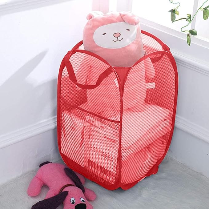 Pop up Hamper for Laundry, Collapsible Mesh Laundry Basket, Portable Foldable Clothes Hamper Storage Bin for Apartment, College Dorm or Travel, Red - Image 2