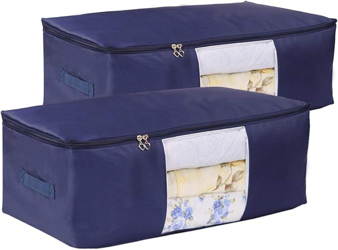 Comforter Storage Bags Pack of 2,Pillow Beddings/Blanket Clothes Organizer Storage Containers with Zippers,Breathable and Moistureproof(Navy blue 2pcs, XXL) by VEAMOR
