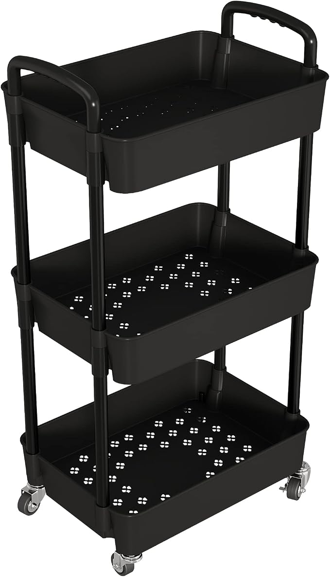Laiensia 3-Tier Storage Carts,Multifunction Utility Rolling Cart Kitchen Storage Organizer,Mobile Shelving Unit Cart with Lockable Wheels for Bathroom,Laundry,Living Room,With Classified Sticker,Black - Image 2