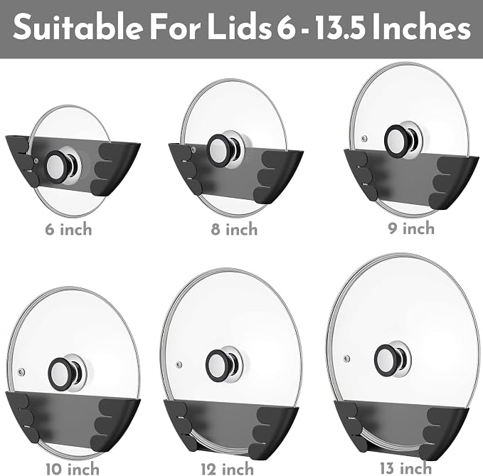 Universal Pot Lid Organizer for Cabinet - Upgraded Patented Niceyos 3 Pack Inside Cabinet Door Wall Mount Pan Top Storage Organizer Rack Holder for Kitchen, Fits 6" to 13" (Black) - Image 2