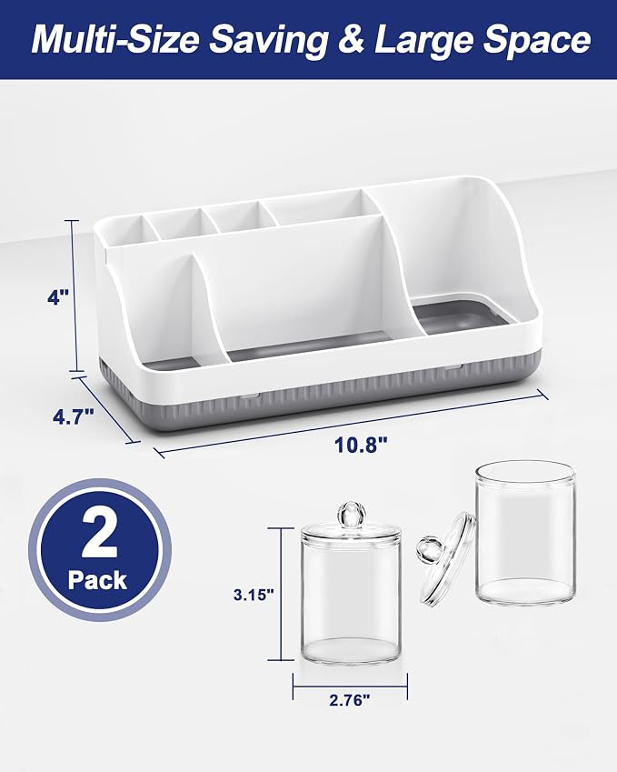 Bathroom Counter Organizer and Storage with 2 Pack Qtip Holder Dispenser, 7 Slots Detachable Toothbrush Holders for Bathrooms, Anti-Slip Electric Toothbrush and Toothpaste Holder Countertop - Image 6