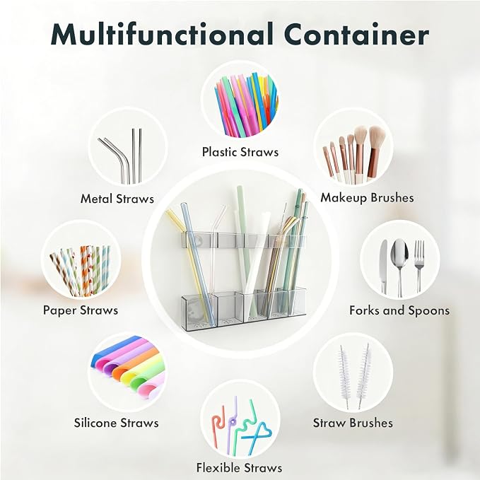 Acrylic Straw Holder for Cabinet Door - Child-Safe Organizer & Dispenser with Smooth Rounded Edges for Kitchen Accessories Storage, Adhesive Circles Included (Dark Transparent) - Image 6