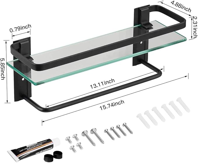 VOLPONE Bathroom Glass Shelf with Towel Bar Black Bathroom Shelf Wall Mount Rustproof Bathroom Wall Organizer Towel Rails1 Tier (Black) - Image 7