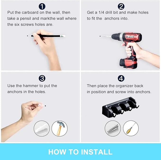 Broom and Mop Holder Wall Mount, Hooks Hanger for Mops and Broom, Organizer Kit with 3 Slots and 4 Hooks, Perfect for House, Bathroom, Laundry, Garden, Tool Room, Garage, Wall Mounted, Black - Image 5