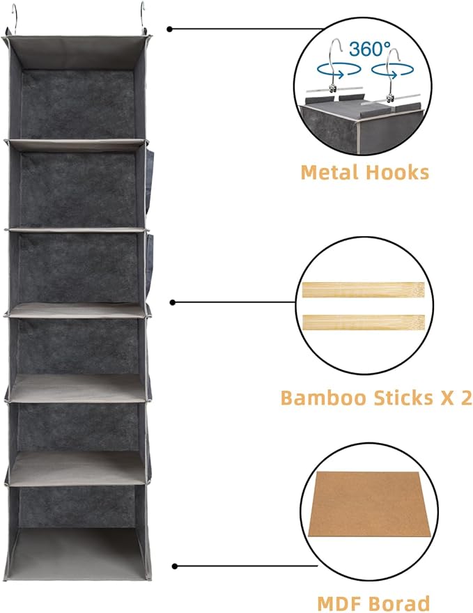 2 Packs Hanging Closet Organizer, 6-Shelf Closet Organizers and Storage with Side Pockets, Collapsible Hanging Shelves for Closet & RV & College Dorm,Grey - Image 4