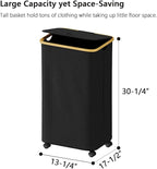 SUOCO Laundry Hamper on Wheels 100L, Clothes Basket with Lid and Bamboo Handles, Foldable Laundry Hamper for Bedroom, Bathroom, Dorm, Laundry Room - Black - Image 5