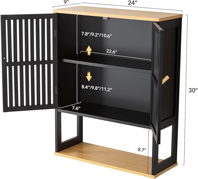 Bathroom Wall Cabinet with Bamboo Doors, 24 x 30 Inch, Black - Image 2