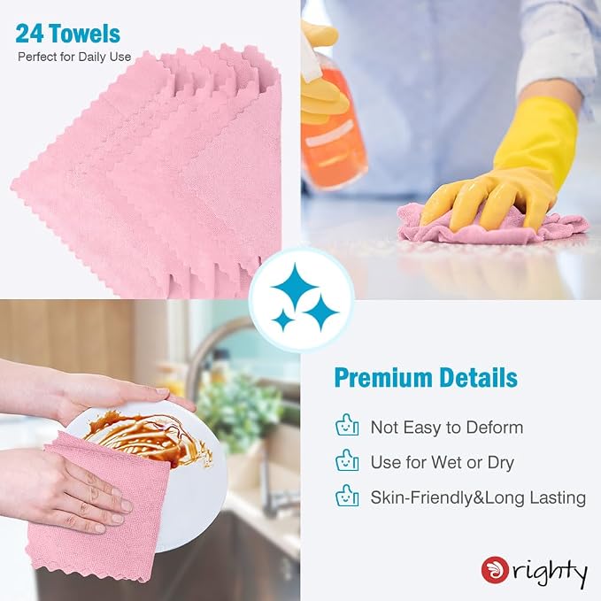 Orighty Microfiber Cleaning Cloth - 24 Pack, Pink Cleaning Rags 12x11 inch - Image 6