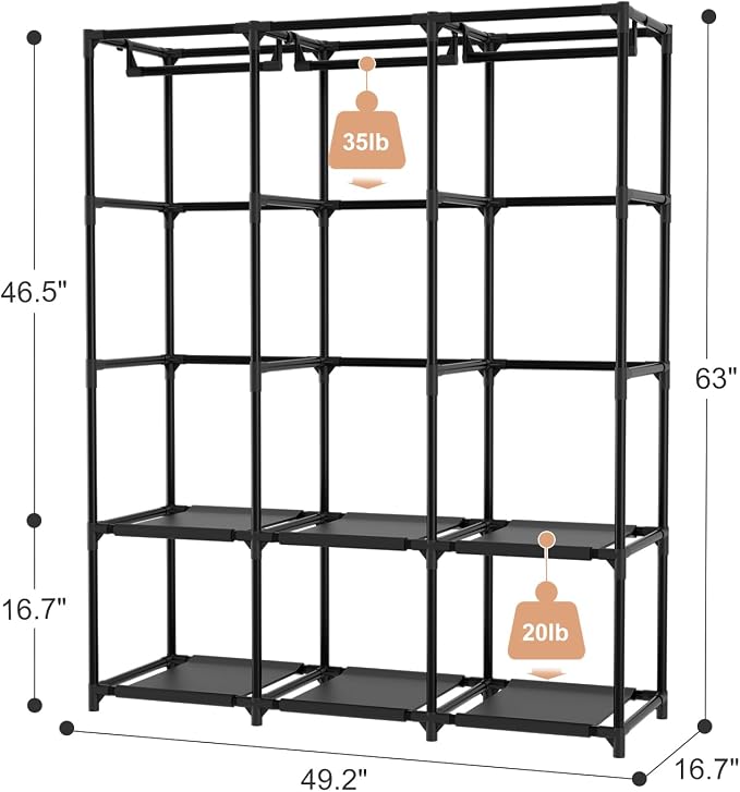 Wardrobe Closet Portable Closets for Hanging Clothes Large Capacity Clothes Rack with Cover, 3 Hanging Rods, 6 Shelves and 8 Pockets, Strong and Stable Free Standing Closet for Bedroom, Black - Image 3